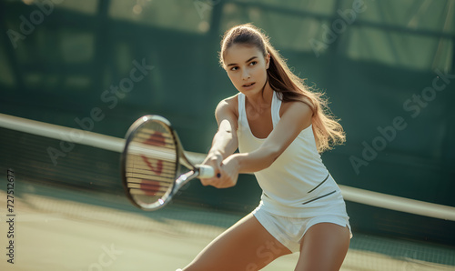 Young woman playing tennis at the tennis court, Generative AI © simba kim