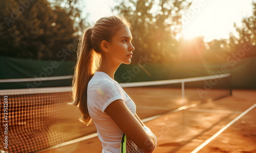 Young woman playing tennis at the tennis court, Generative AI © simba kim