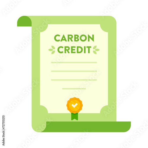 Nature – Finance – Carbon Credit, Green Economy, Environmental Finance, Sustainable Development, and ESG Business Concept – Flat Illustration Featuring a Green Certificate with a Badge