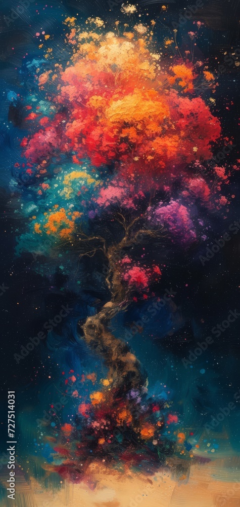 A colorful fantasy tree in a dark landscape. 