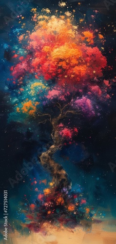 A colorful fantasy tree in a dark landscape.  © Elle Arden 