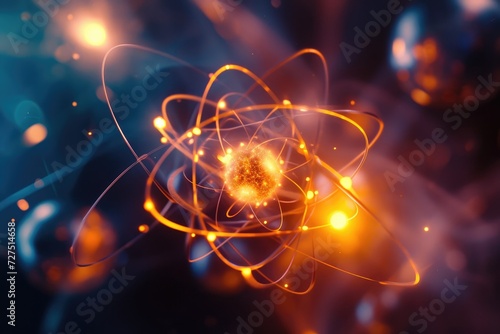 Atomic dance: subatomic realm, electrons, neutrons, and protons orbit a fixed nucleus in a model empty space within atoms, showcasing set, predictable paths in the intricate world of particle physics photo