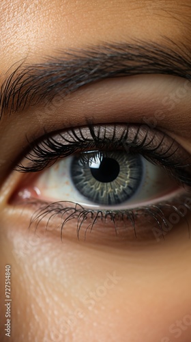Young female eyes closeup bare face with cornea detail focused