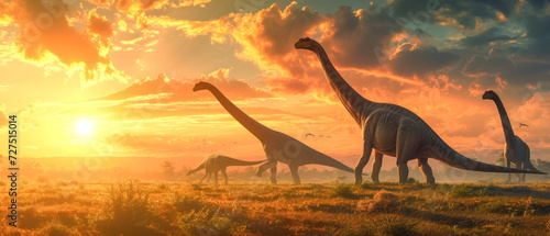 Scenic view of dinosaurs in a prehistoric landscape at sunset. 