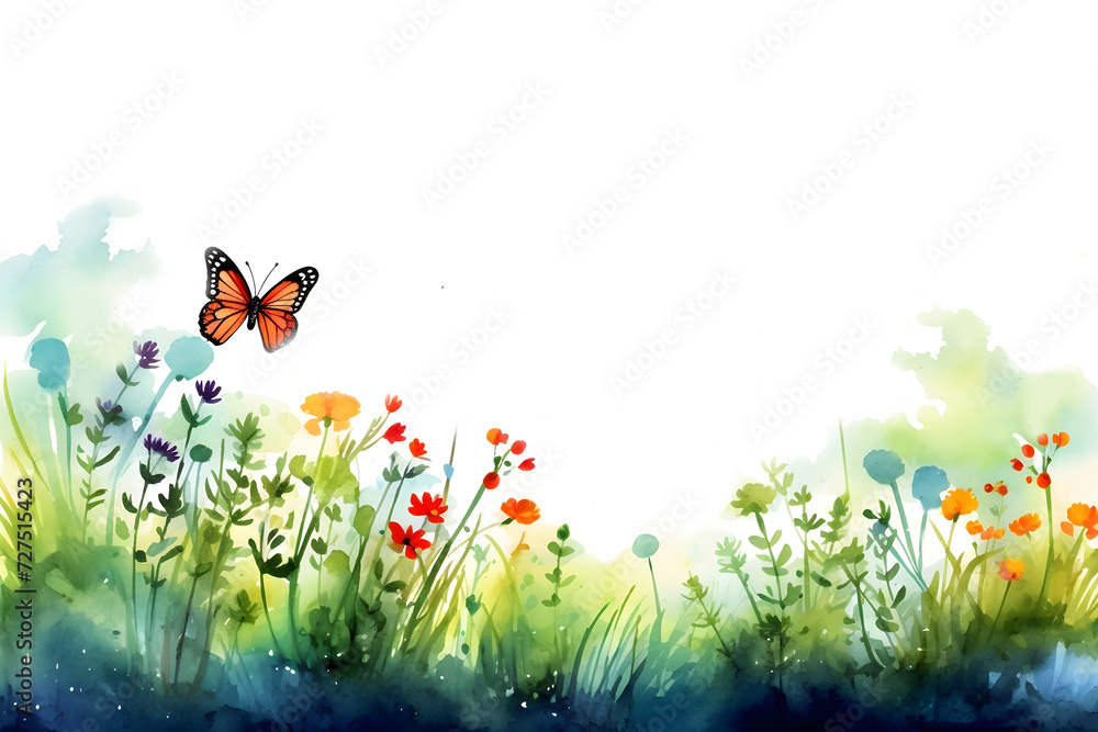 Pastel watercolor colorful flowers and butterflies background with copy space for banner card cover design