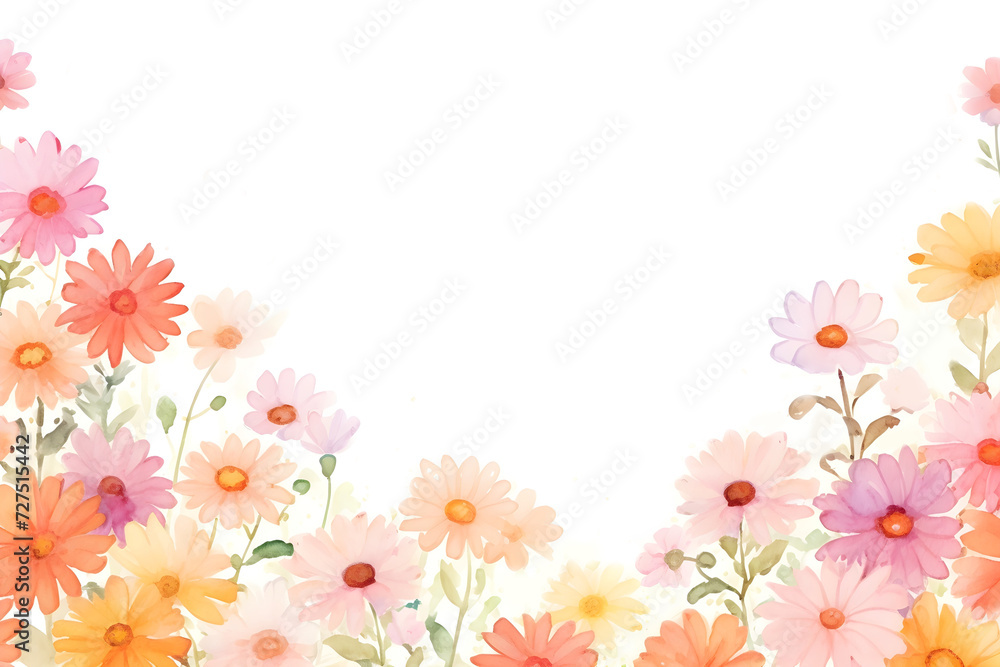 Watercolor colorful daisy flower border on white background with copy space for decoration design