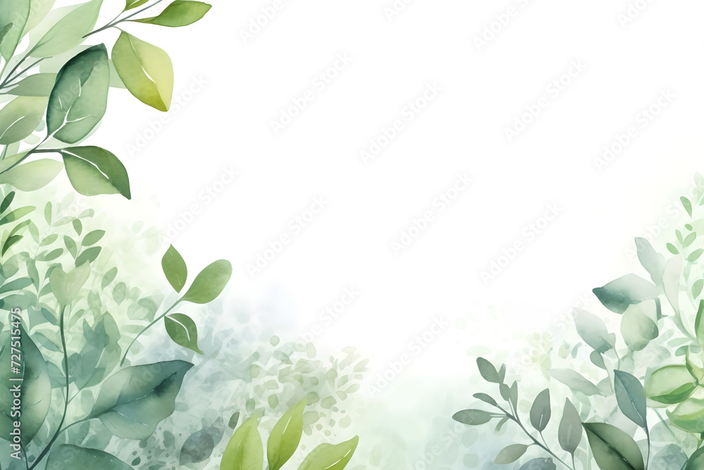 Watercolor elegant green leaves border on white background with copy space for nature plant design