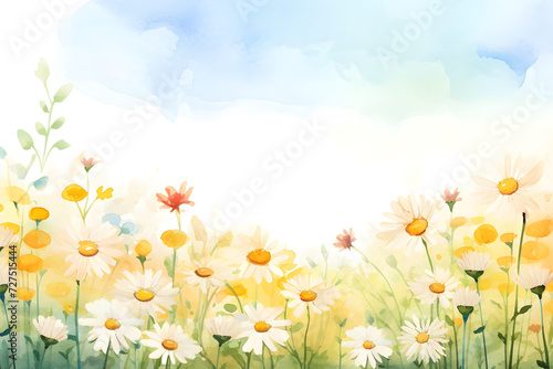 Watercolor tranquil daisy meadow landscape background with copy space for nature season flora design