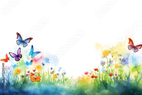Watercolor spring summer meadow with butterfly and flowers border background for design decoration