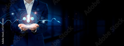 Businessman Holding Virtual Hosting Network Connection Icons. Cloud Hosting, Web Hosting, Data Hosting. Internet Business and Social Network. photo