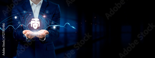 Businessman holding virtual Data Security network connection icons. Encryption, Privacy, Cybersecurity. Internet business and social network.