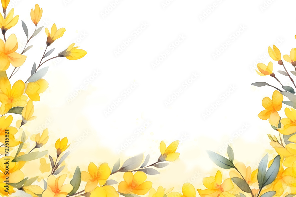 Watercolor spring border background with yellow Forsythia flower wallpaper for nature holiday concept