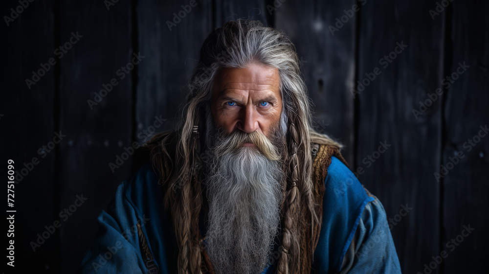 A portrait of an old viking man with a long beard, blue eyes and blue clothing.