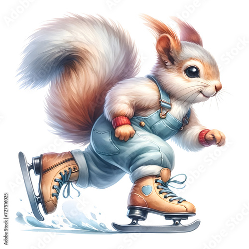 Squirrel playing ice skete Watercolor clip art png. photo