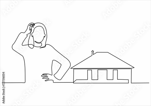 woman thinking about buying her own house - sustainable line drawing