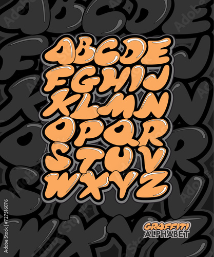 Graffiti alphabet. Comic style hand drawn lettering. Street art design.
