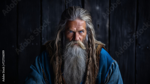 A portrait of an old viking man with a long beard, blue eyes and blue clothing.