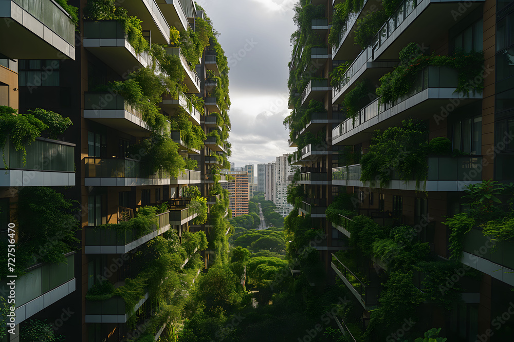 Symmetrical view of apartment buildings with balconies overflowing with vertical garden, nestled in a vibrant urban setting.
