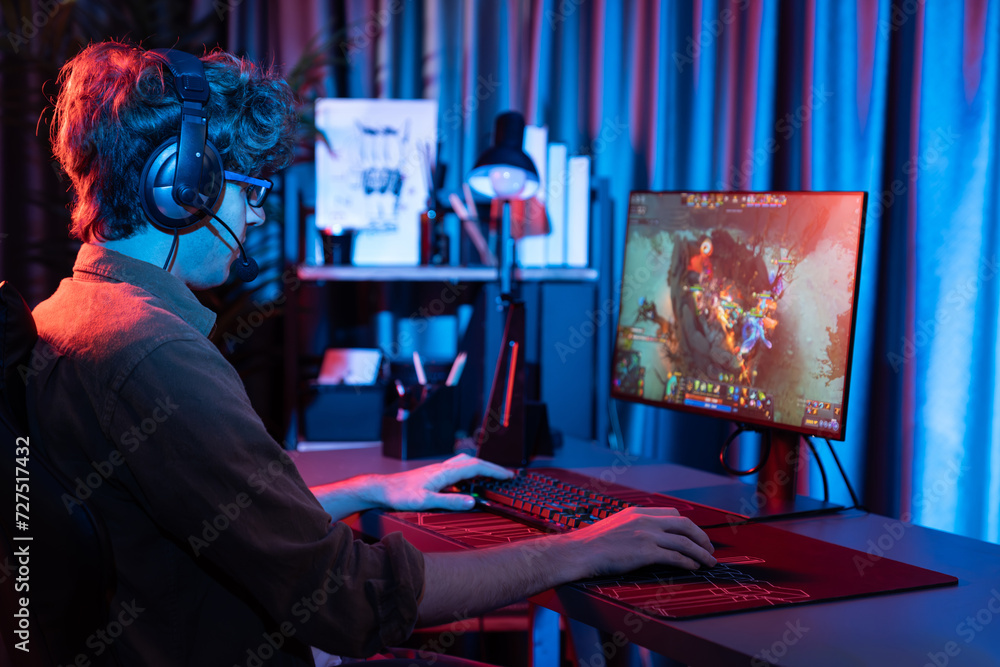 Host channel of young gaming streamer playing fighting Moba at battle ...