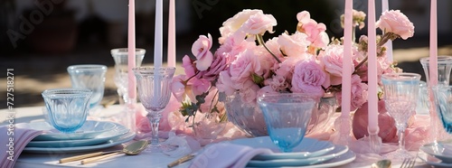 Romantic wedding table with beautiful flowers outdoors