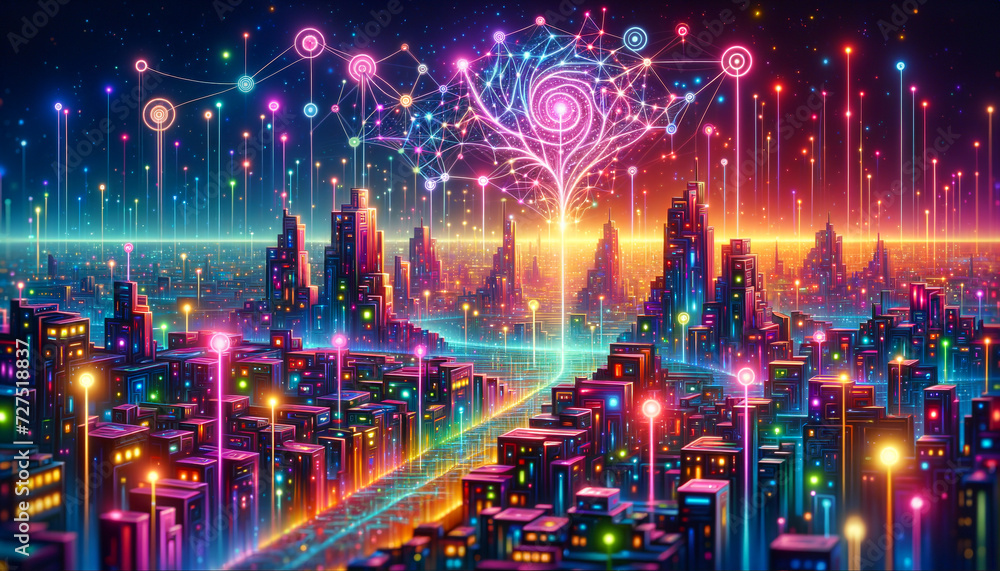Whimsical Pop Futurism artwork depicting vibrant interconnected neural networks.