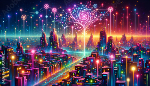 Whimsical Pop Futurism artwork depicting vibrant interconnected neural networks.