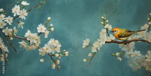 painting of beauty White flowers and a bird on a blue background 