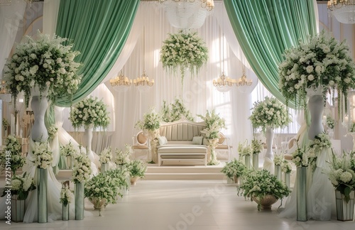 White and green wedding decorations in the room