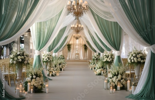 White and green wedding decorations in the room
