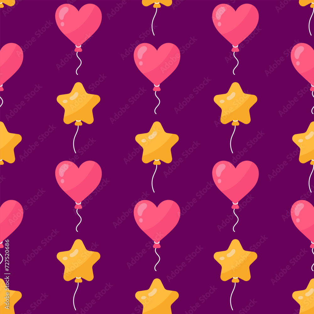 Balloons seamless vector pattern. Colorful toys of different shapes - star and heart. Festive flying surprise for a party, birthday, event. Funny holiday decoration on a string. Dark purple background