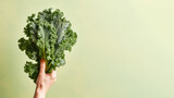 Hand holding kale vegetable isolated on pastel background