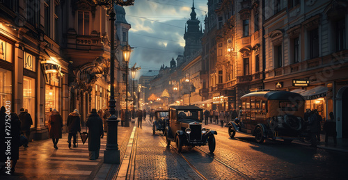 Historical street view of Prague City in 1930's in Czech Republic in Europe. photo