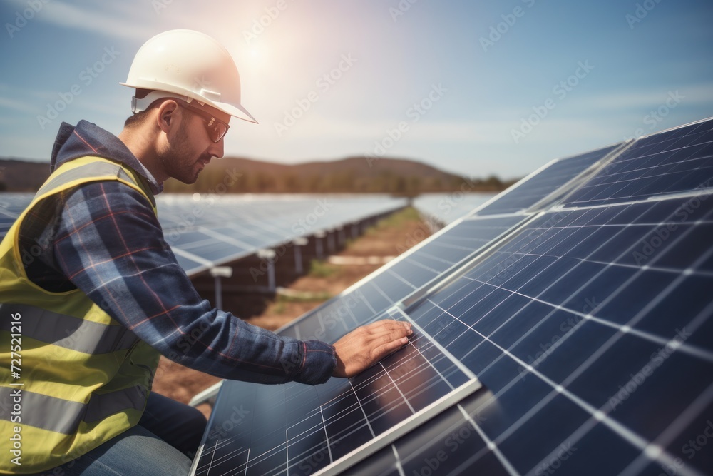Worker in installation field for solar panel use sunlight clean energy. Concept for green renewable energy. Worker in installation field for solar panel use sunlight clean energy. Concept for green renewable energy.