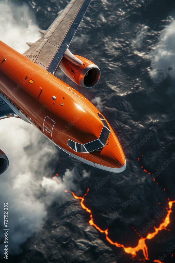 Airplane flying over a volcano with lava everywhere. Volcano eruption and travel danger concept created with Generative AI Airplane flying over a volcano with lava everywhere. Volcano eruption and travel danger concept created with Generative AI