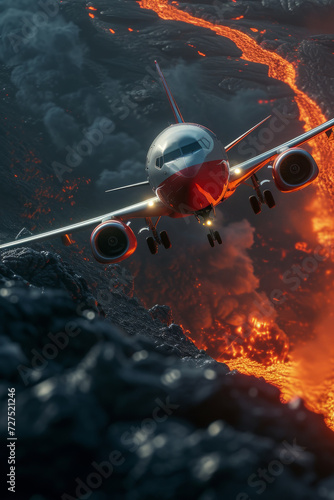 Airplane flying over a volcano with lava everywhere. Volcano eruption and travel danger concept created with Generative AI