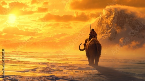 A warrior riding a mammoth in wild prehistoric times. Fantasy and surreal.