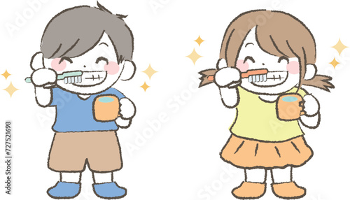 歯みがきをする男の子と女の子の子ども1-2