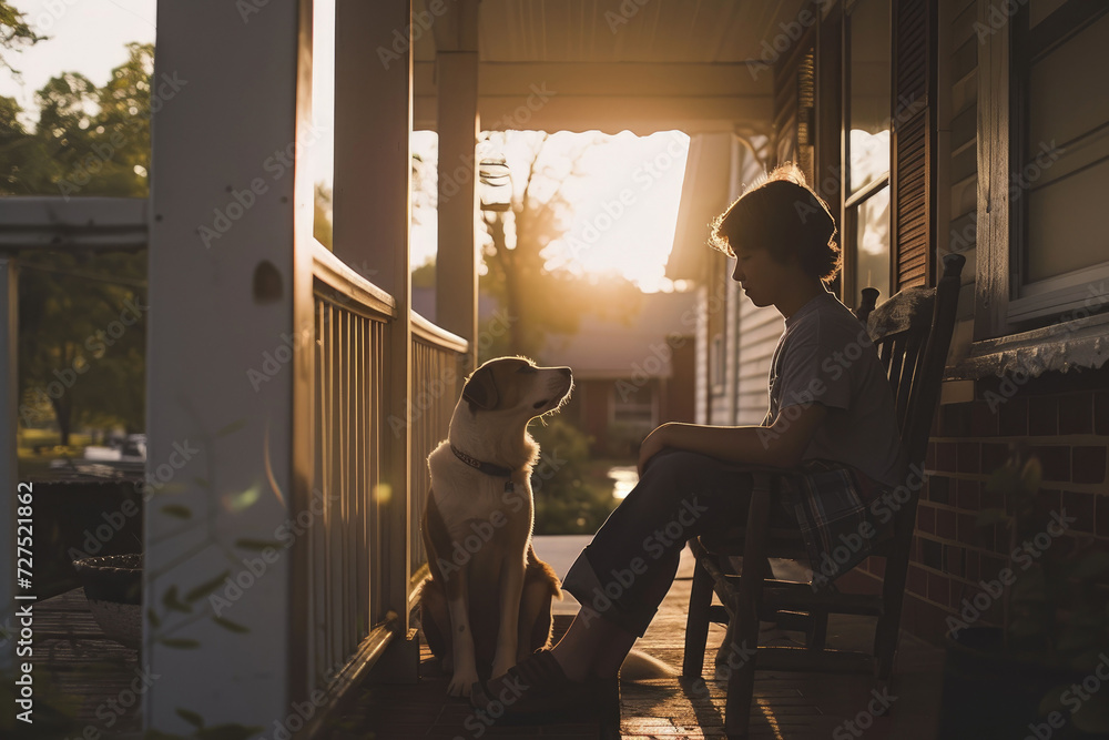 A teenage boy and his loyal dog sit side by side on a porch A teenage boy and his loyal dog sit side by side on a porch