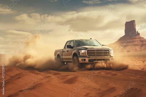 A pickup truck driving on dirt road with landscape of American’s Wild West with desert sandstones. photo