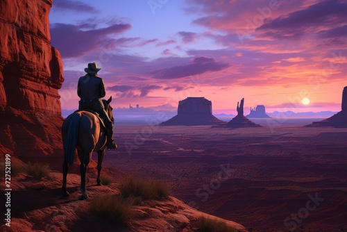 Cowboy on horseback at sunset with landscape of American’s Wild West with desert sandstones. © Joyce