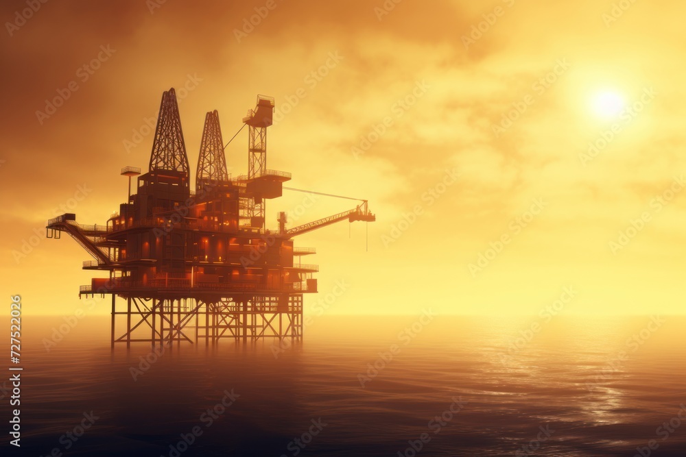 Offshore oil drill platform in sea at sunrise.