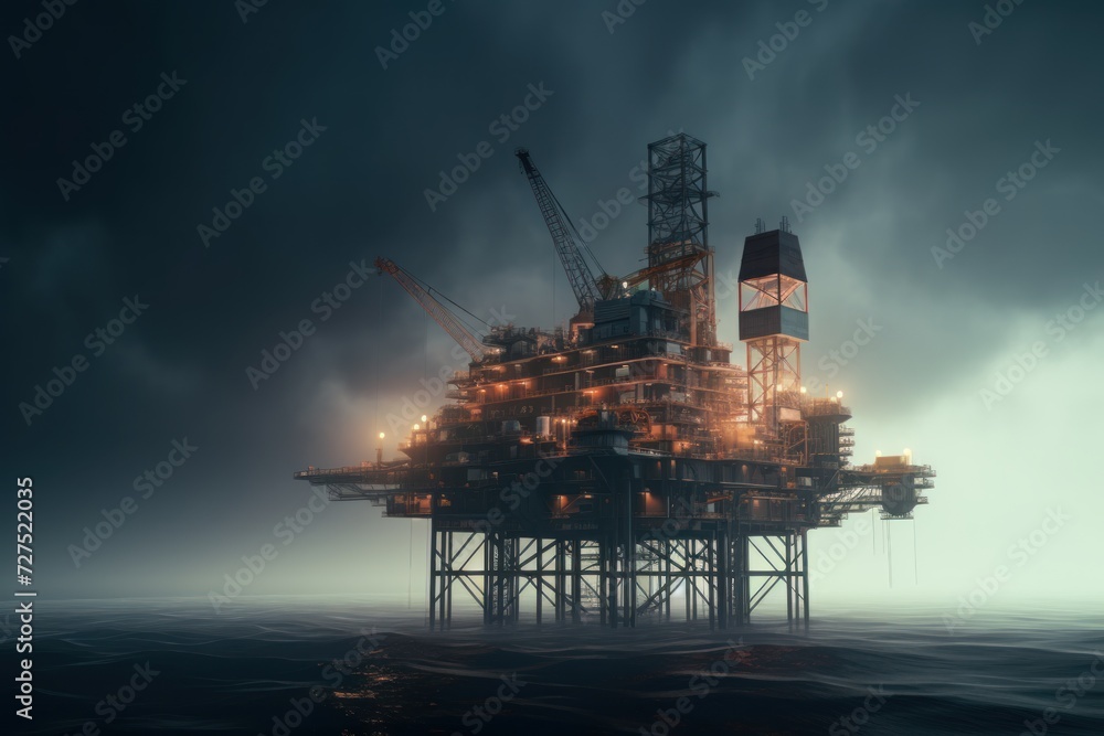 Offshore oil drill platform in sea at night.