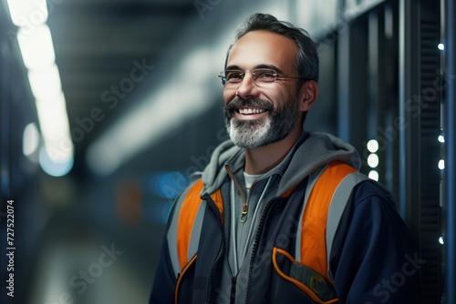 Portrait of a male smiling technician in a data center with servers stands.