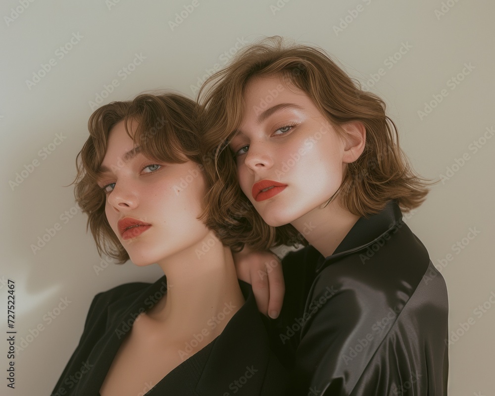 two beautiful glamorous women twin sisters against a neutral grey background in studio two beautiful glamorous women twin sisters against a neutral grey background in studio