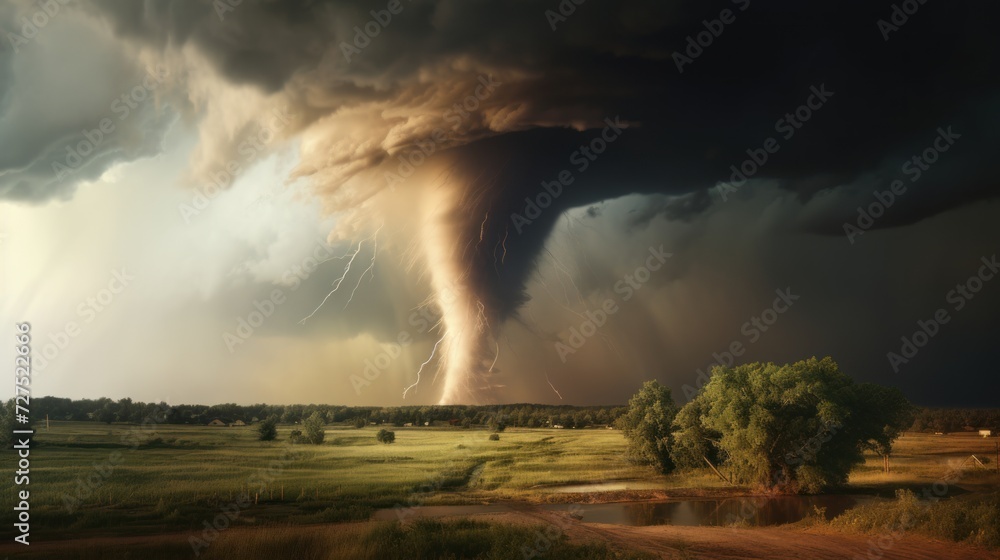 A twister touching down on ground with heavy cloud covering sky. A twister touching down on ground with heavy cloud covering sky.