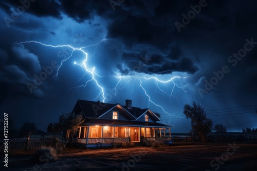 A single family house with bright lightning strike in a thunderstorm at night.