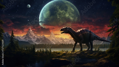 Dinosaur stands in prehistoric environment with giant planet in sky. Fantasy. Photorealistic. © Joyce