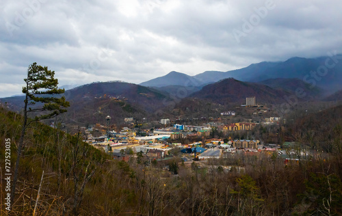 Gatlinburg cityscape view at dusk from Great Smoky Mountains national park