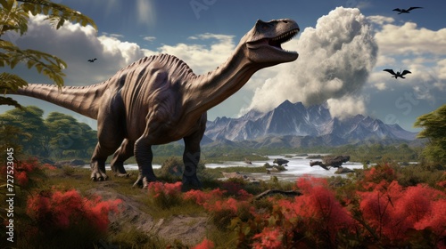 Dinosaur stands in prehistoric environment with a erupting volcano. Photorealistic. © Joyce