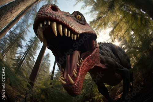 Close-up view of a Baryonyx dinosaur in water in prehistoric environment. Photorealistic.